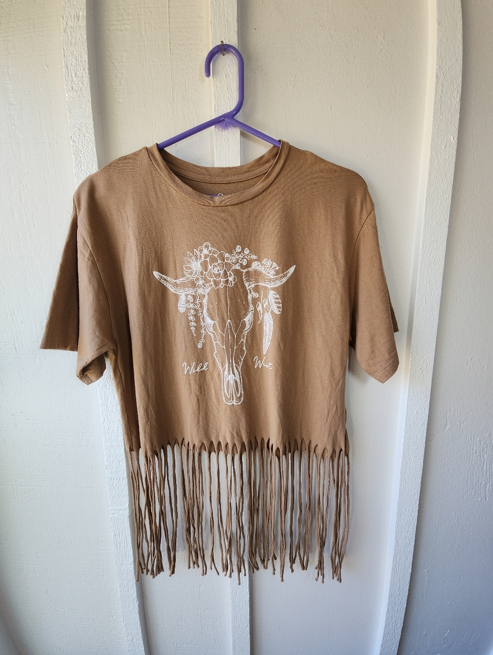 Organic Generation Wild West Fringe Cow Skull Graphic Tee Brown Size Large